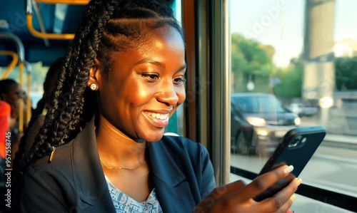 Jamaican Woman Browsing Social Media on Bus Commute