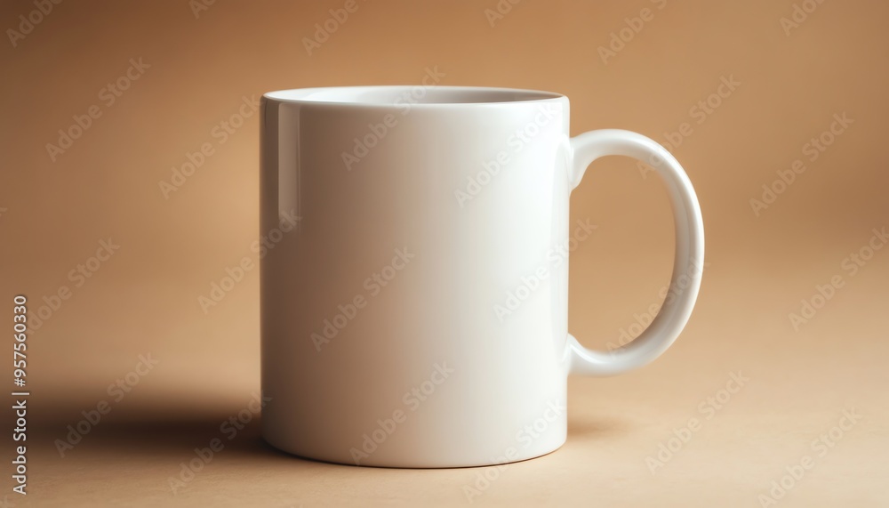 White Ceramic Mug with Handle on Tan Background White Ceramic Mug with Handle on Tan Background