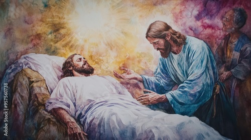 heartwarming watercolor portrayal of Jesus Christ performing a miracle, healing the sick or raising the dead, with a sense of divine power and love. photo