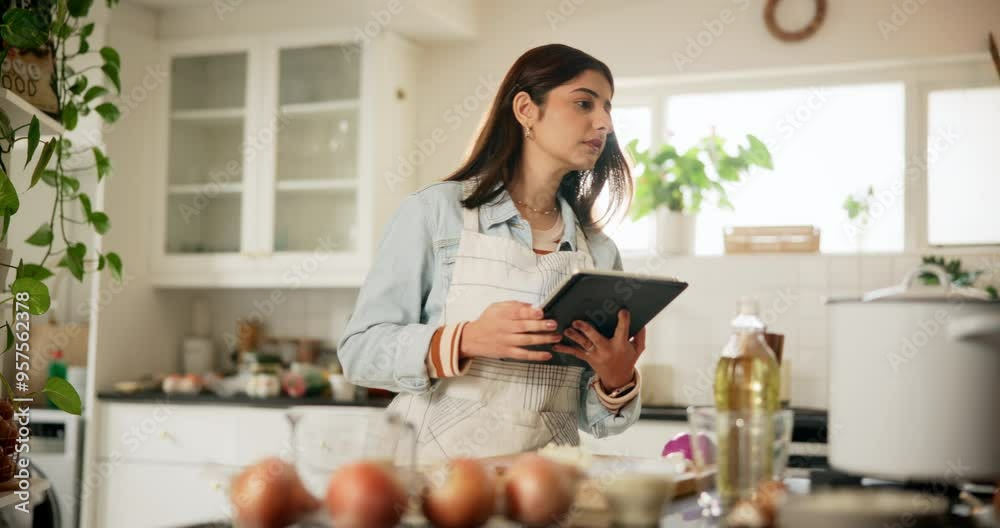 Food, recipe and tablet with woman in kitchen of home for cooking ingredients or instructions on internet. Apron, preparation and search with Indian person in apartment for diet, health or nutrition