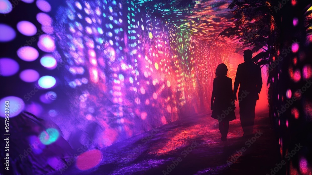 Fototapeta premium A dynamic display of colorful lights and shadows in the night, capturing the essence of a vibrant and mysterious event.
