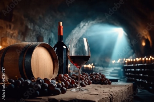 red wine bottle with glass and grapes in a rustic wine cellar photo