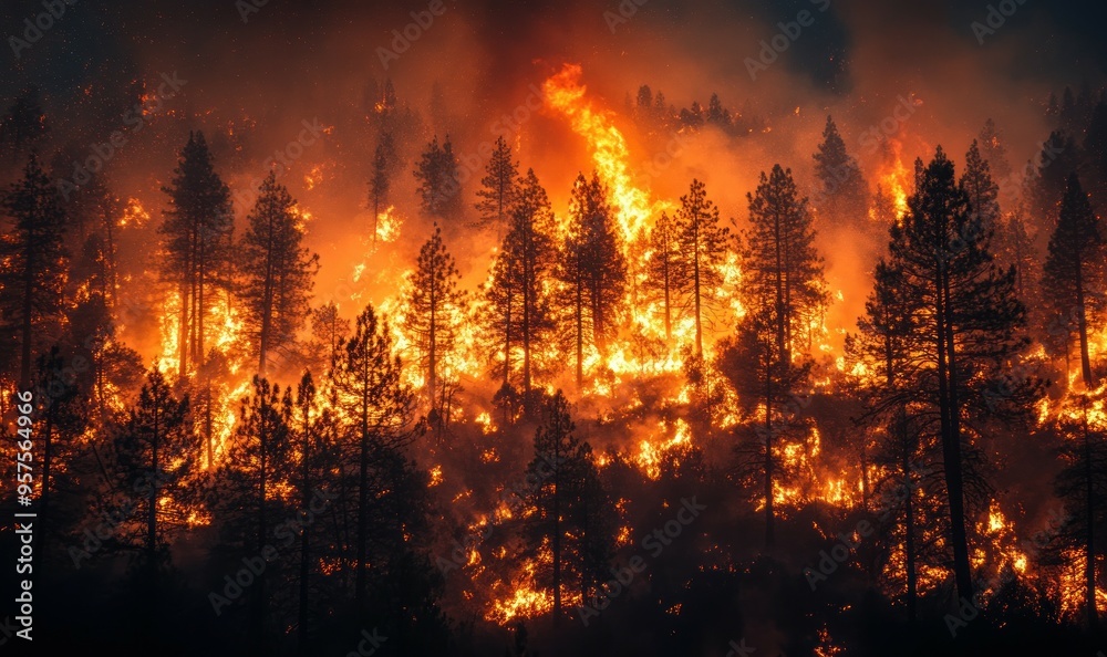 the forest fire with trees burning and smoke filling the air at night. the forest fire with trees burning and smoke filling the air at night.