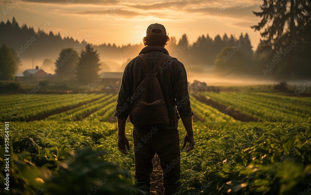 Fototapeta premium Generative AI of Young Farmer at Sunrise Concept for Early Morning Mist over Farmland, Sustainable Farming in Rural Scenery, Golden Hour Agricultural Tranquility