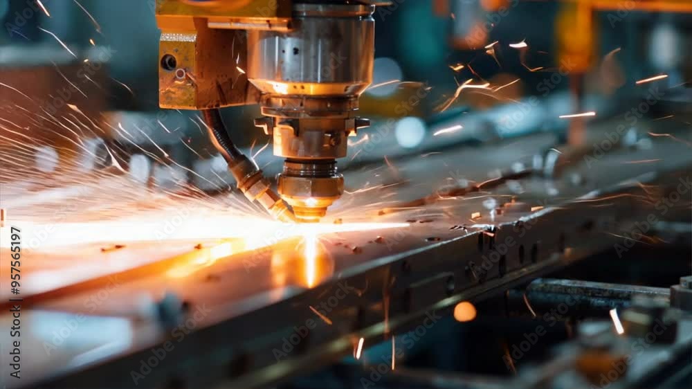 A machine is cutting a piece of metal with a laser. The red light from the laser is illuminating the area around it A machine is cutting a piece of metal with a laser. The red light from the laser is illuminating the area around it