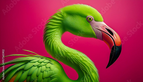 Lime-green flamingo on a pink background