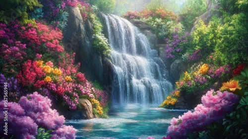 A hidden waterfall in the midst of a vibrant floral landscape, where nature's beauty is on full display in a serene setting.