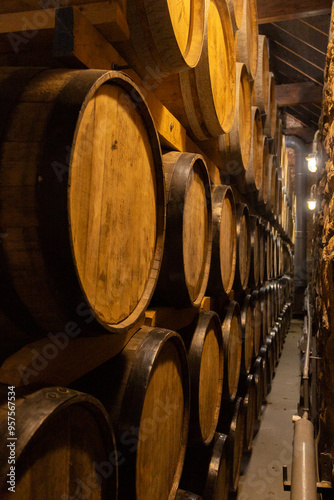 Worker in wine , whiskey or brandy warehouse sorting and rotating barrel . Two winemakers in vintage , traditional wine factory rolls barrel . Shot on ARRI ALEXA Cinema Camera in Slow Motion .