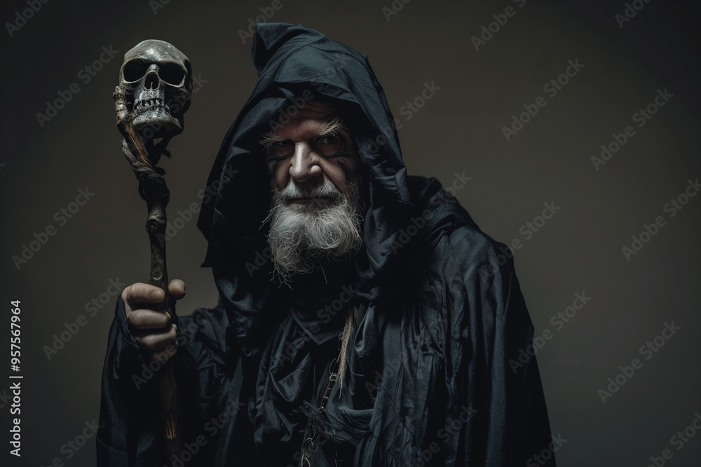 Evil Warlock Costume Featuring Black Robes and Skull Staff for Halloween Frightening Dark Magic Powers and Horror Evil Warlock Costume Featuring Black Robes and Skull Staff for Halloween Frightening Dark Magic Powers and Horror