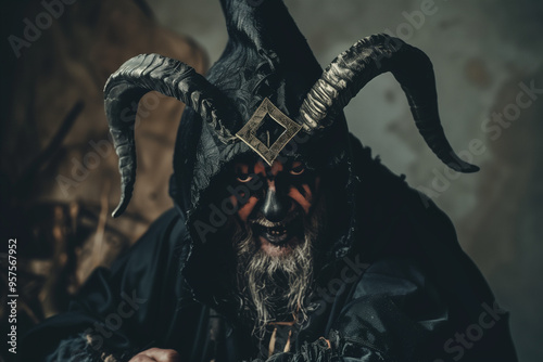 Satanic Warlock Costume Featuring Black Robes Goat Horns and Dark Magic for Halloween Sinister Frightening Horror photo