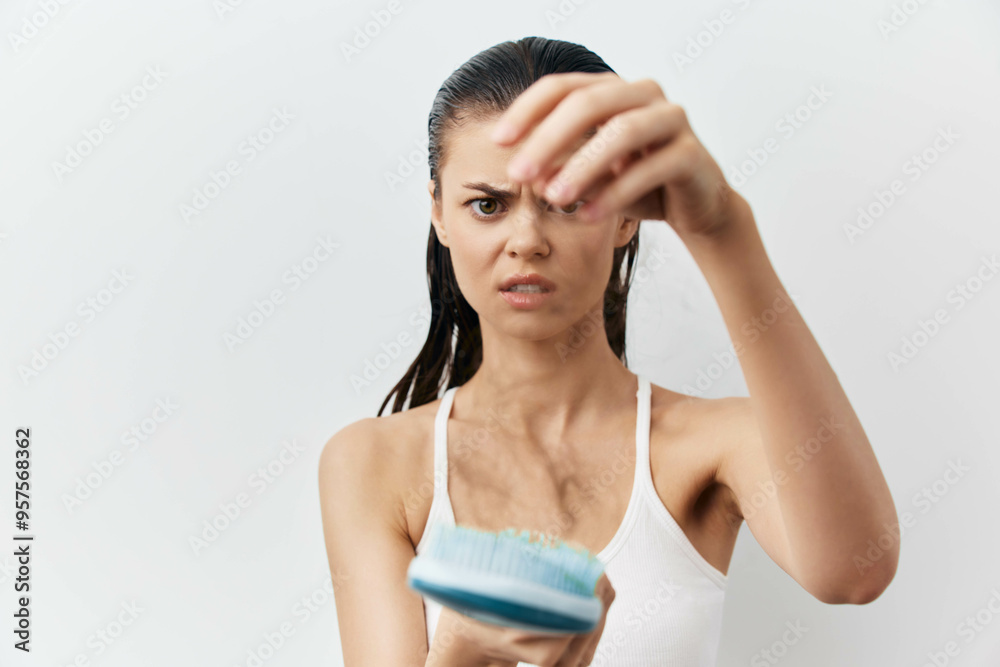Hair loss, concern, beauty routine, woman with hairbrush, negative emotions, health awareness, stress reaction, white background, close up image of a female figure Hair loss, concern, beauty routine, woman with hairbrush, negative emotions, health awareness, stress reaction, white background, close up image of a female figure