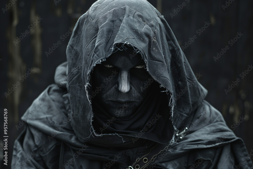 Evil Acolyte Costume with Dark Magic Powers White Painted Face Black ...