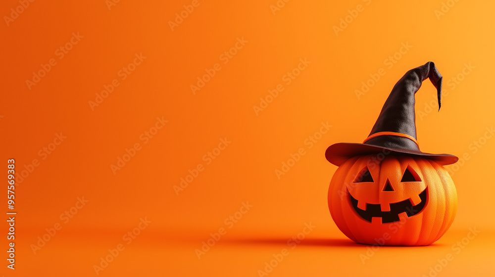 Cute Craving Pumpkin weaing witch hat on a solid papaya shade of orange background with space above for text Cute Craving Pumpkin weaing witch hat on a solid papaya shade of orange background with space above for text