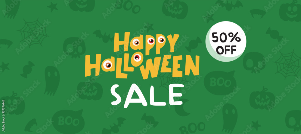 Fototapeta premium Halloween Sale vector banner. Green background with drawn elements of pumpkin, skull, ghost, web.