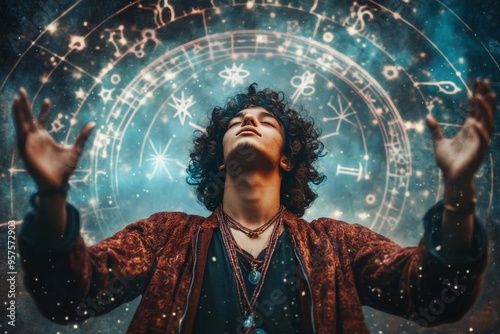 Mystical young astrologer surrounded by enchanting zodiac, forecasting horoscopes for all signs photo