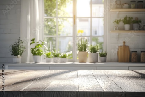 Empty wooden countertop with blurry view of a window and potted plants in a kitchen.