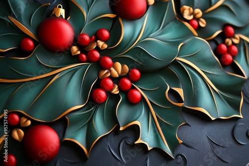 Holly and ivy in a traditional Christmas painting, depicted in an artwork where holly and ivy are featured in a traditional Christmas painting, with rich colors and detailed brushstrokes bringing photo