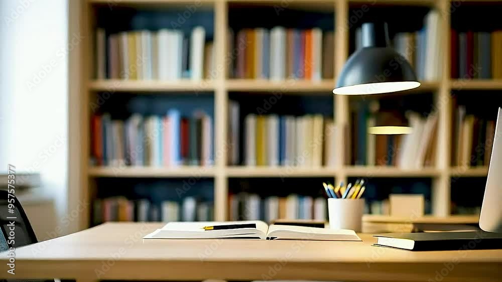 a desk with a computer , books , and a lamp a desk with a computer , books , and a lamp