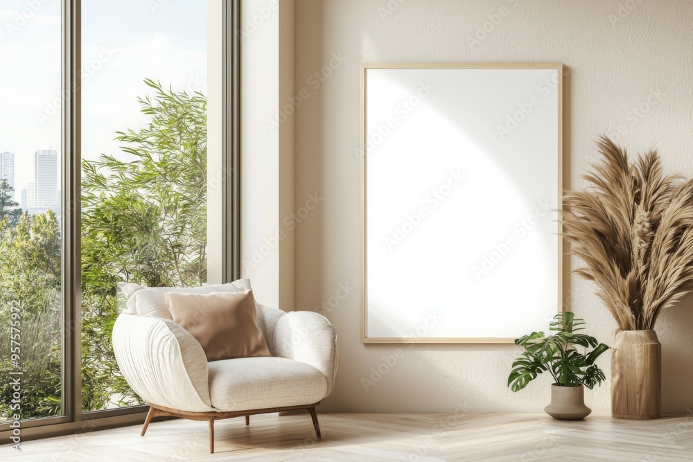 Fototapeta premium Poster Frame in Beige minimalist living room interior created with generative AI