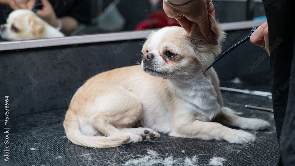 Φωτογραφία Woman cutting cute shorthair chihuahua dog in grooming salon.