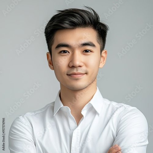 Portrait of a Smiling Young Asian Man Wearing a White Button-Down Shirt