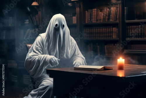 A ghost reads a book at a table in a library photo