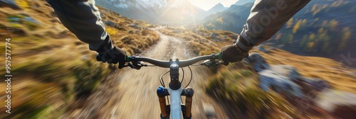 Dynamic motion of a cyclist in natural surroundings, training for a forest race or marathon, capturing the essence of adventure and fitness through rapid movement in mountainous terrain for cardio photo