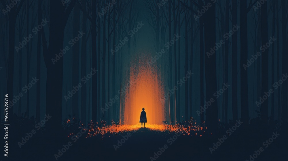 Fototapeta premium Mysterious Figure in Forest with Glowing Light