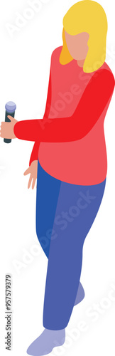 Female reporter is holding a microphone, walking and interviewing someone off screen