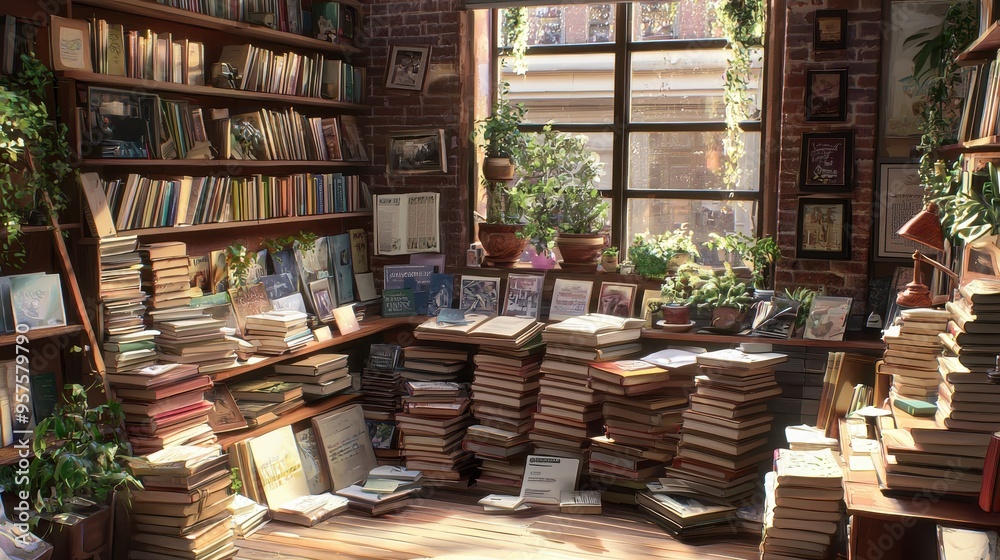 Fototapeta premium Vintage Bookstore with Sunlight Streaming Through Window