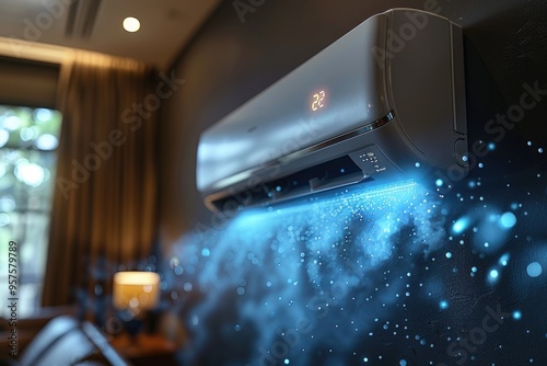 Chilled serenity: air conditioner with ioniser and water vapour, concept of a cooling system and fresh air, summer heat, maximum comfort and health in warm temperature. photo