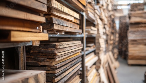 Close up of stacked wood planks in a warehouse showcasing natural texture and organization