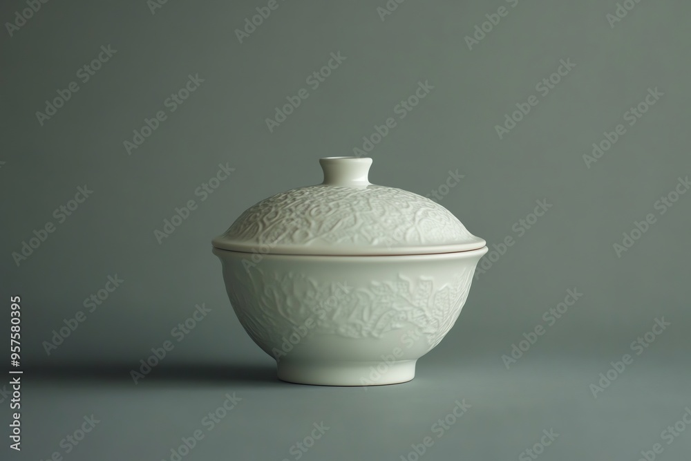 White Porcelain Bowl with Intricate Embossed Design and Lid White Porcelain Bowl with Intricate Embossed Design and Lid