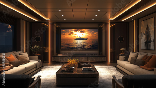 A living room or theater room on a luxury yacht - super yacht interior space, media or screening room