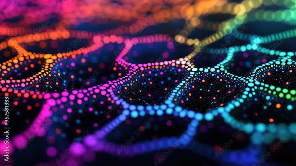 Abstract vibrant pattern featuring colorful dots arranged in a honeycomb structure, creating a captivating visual texture.
