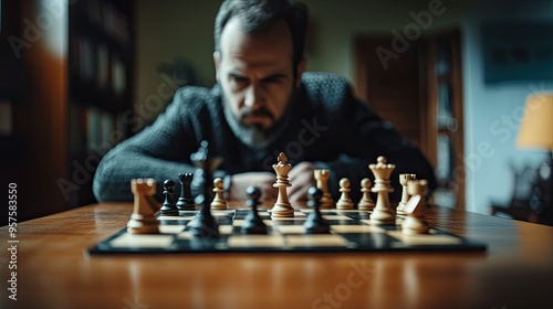 Chessboard with Pieces in Focus, Man Out of Focus in the Background