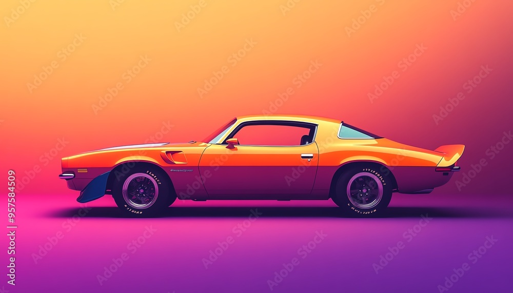 Side View of a Classic Orange Muscle Car on a Purple and Yellow Gradient Background Side View of a Classic Orange Muscle Car on a Purple and Yellow Gradient Background