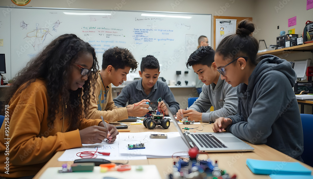 Fototapeta premium Diverse group of students working on robotics project in classroom