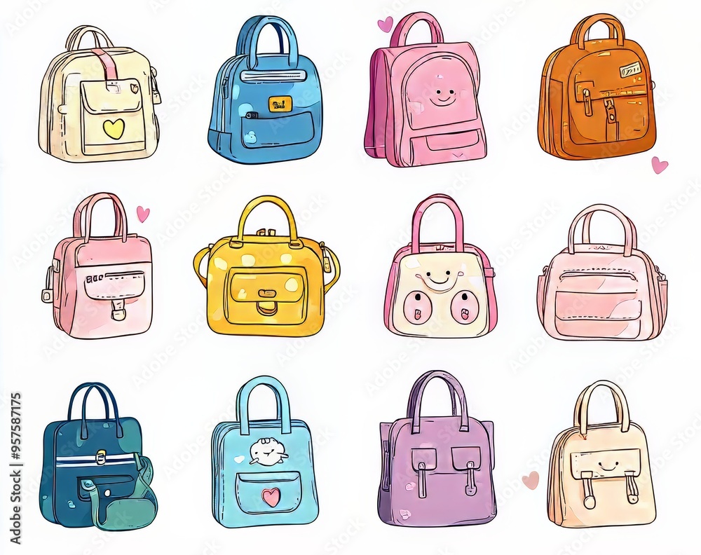 Colorful collection of playful backpacks and bags in various styles and designs. Colorful collection of playful backpacks and bags in various styles and designs.