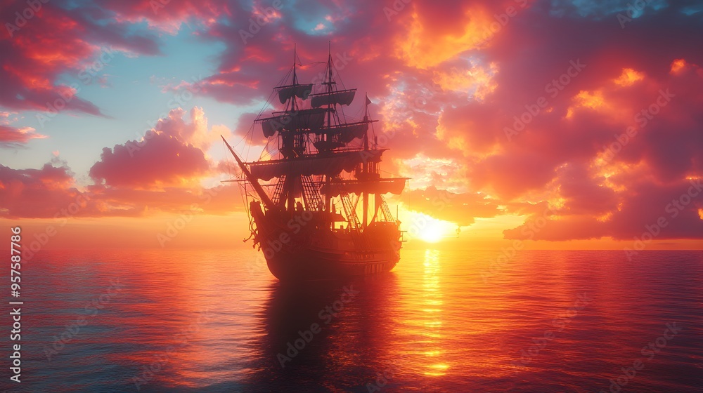 Beautifully detailed pirate ship sailing towards the sunset on the horizon picture Beautifully detailed pirate ship sailing towards the sunset on the horizon picture