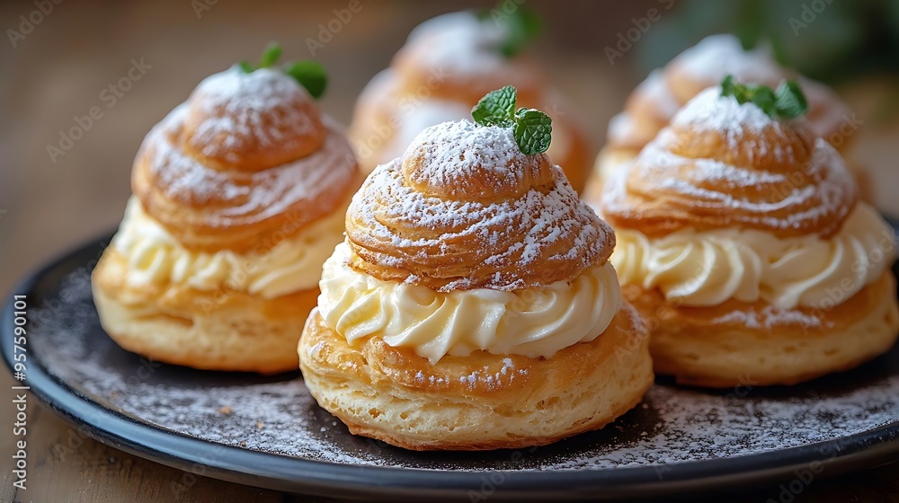 Gourmet Cream Puffs with Powdered Sugar and Fresh Mint - Food Photography Gourmet Cream Puffs with Powdered Sugar and Fresh Mint - Food Photography