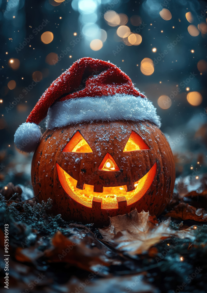 Naklejka premium Jack-o-lantern in Santa Claus hat on dark blurred background with lights, Halloween, Christmas, symbol, holiday, celebration, November, December, card, pumpkin, lantern, scary face, New Year, October