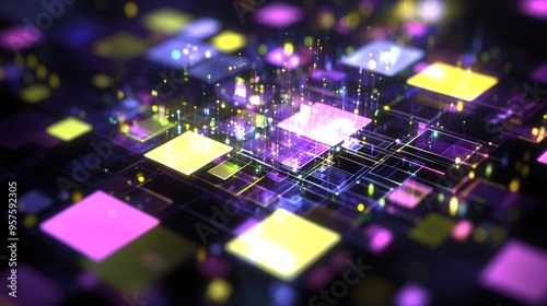 Dynamic cyberpunk abstract illuminated mosaic of colorful squares on a dark background