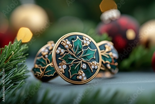 Holly and ivy-inspired jewelry with festive colors and designs, captured in a photo where jewelry pieces like brooches, earrings, and necklaces are designed with holly and ivy motifs, perfect photo