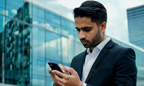 Egyptian Man in Suit Using Smartphone Outside Modern Glass Building