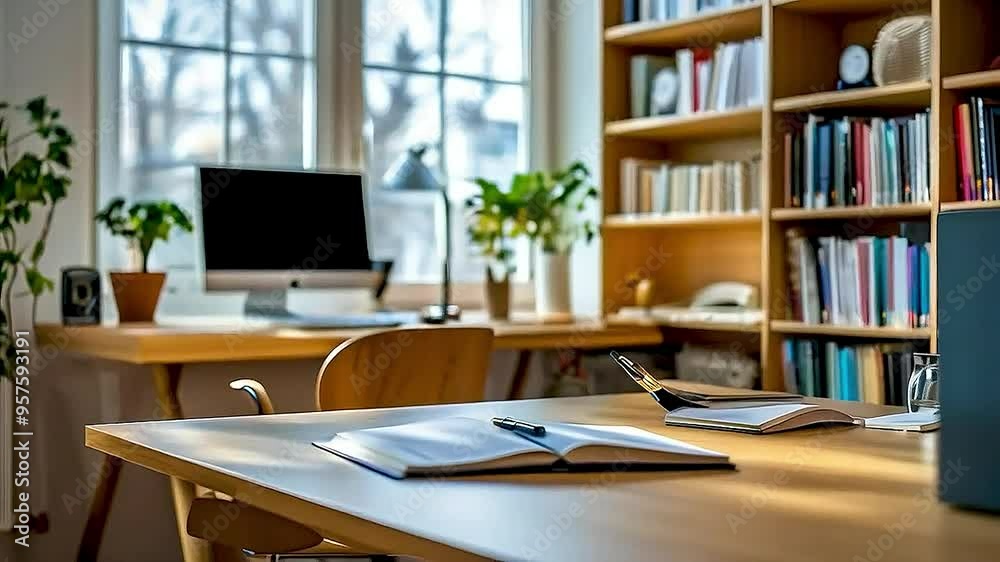 a desk with a computer , books , and a plant a desk with a computer , books , and a plant