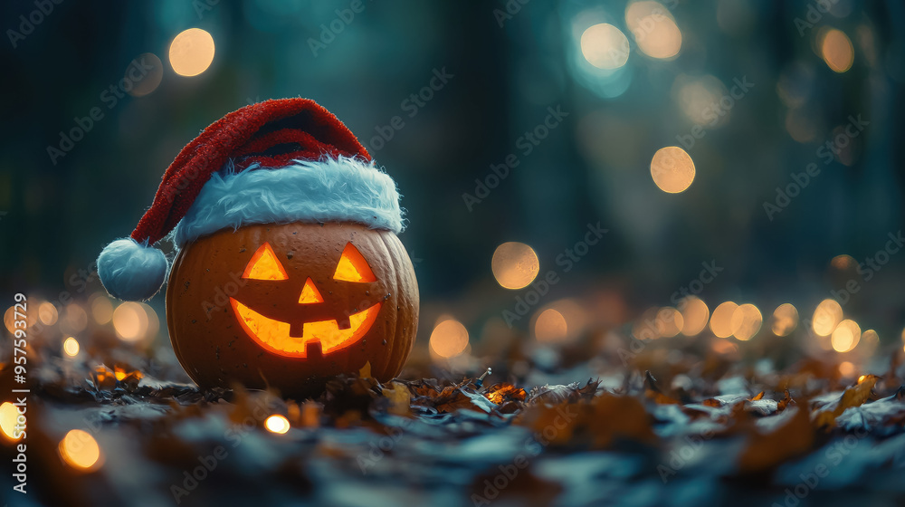 Naklejka premium Jack-o-lantern in Santa Claus hat on dark blurred background with lights, Halloween, Christmas, symbol, holiday, celebration, November, December, card, pumpkin, lantern, scary face, New Year, October