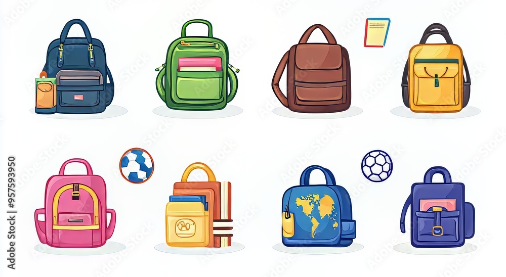 A colorful collection of various backpacks and bags for school and travel. A colorful collection of various backpacks and bags for school and travel.