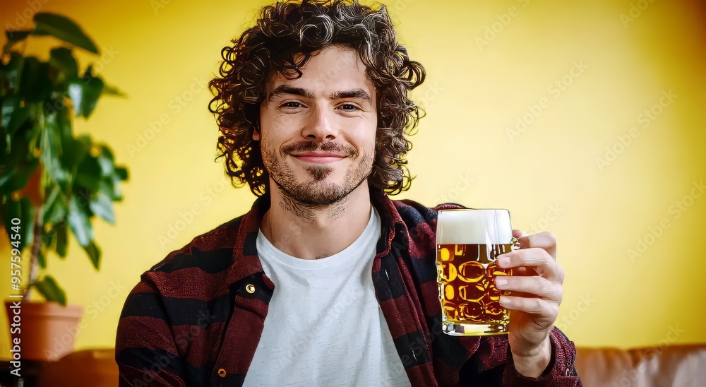 Smiling Caucasian man with curly hair holding a glass of beer against a yellow background. Smiling Caucasian man with curly hair holding a glass of beer against a yellow background.
