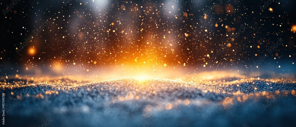 Snowflakes gently descending in a white and blue spotlight, creating a glittering effect with a golden warm glow.